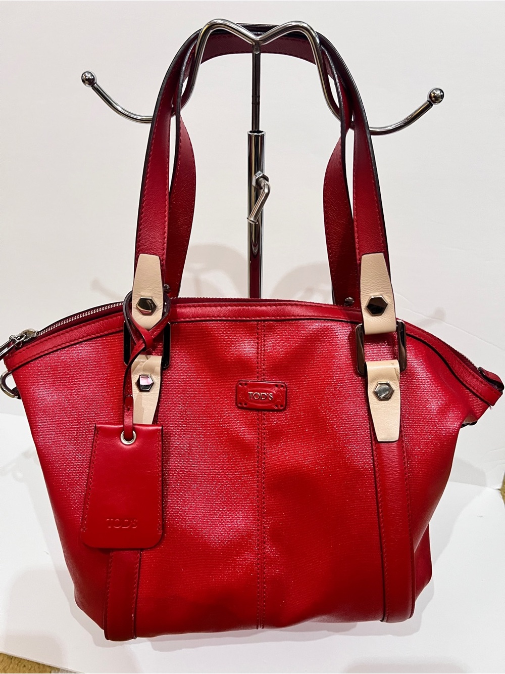 Tod's Red Leather Tote with Beige Strap Accents